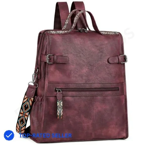Vegan Leather Laptop Backpack Retro Designer Work Travel Daypack 11 Pockets